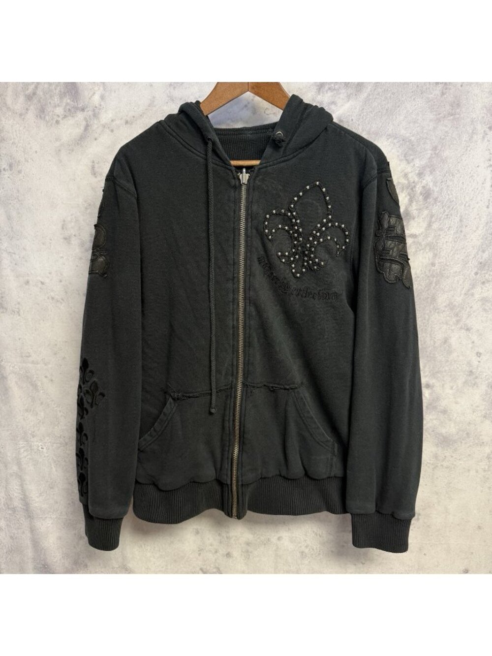 VTG Monarchy Full Zip Hoodie Reversible Y2K Faded Black Grunge Thermal Small
